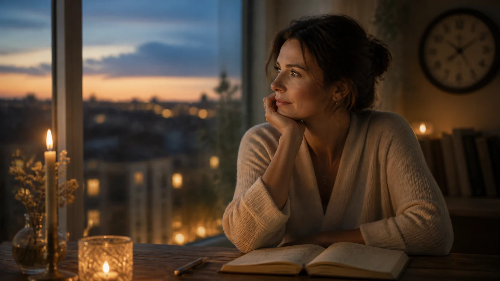 Femme contemplative devant un carnet ouvert et une horloge dans une lumière dorée